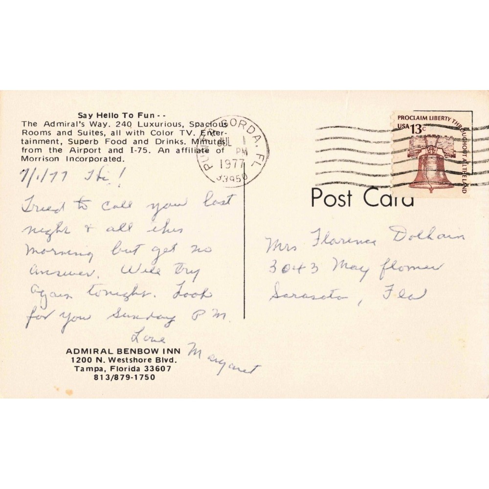 Vintage Admiral Benbow Inn Postcard Tampa Florida Night View 1977 Postmark - Picture 2 of 2
